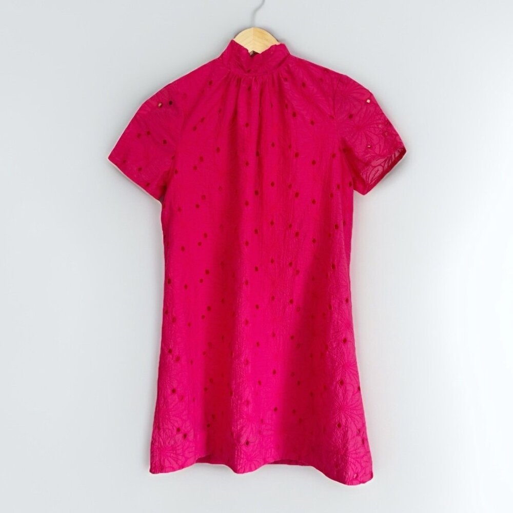 STORIA Pink Eyelet Mini Dress Womens Small Tie Neck Cottagecore Romantic